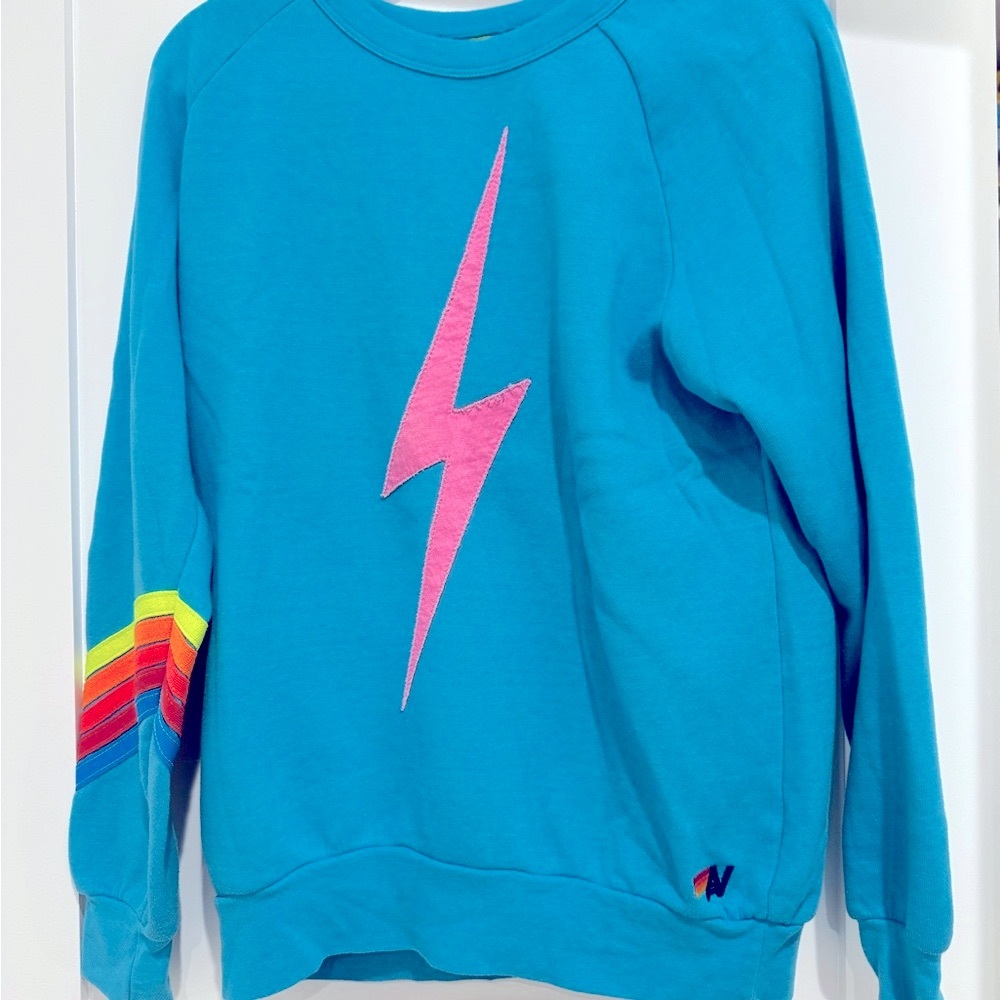 Aviator nation blue Sweatshirt with Pink Lightning Bolt, medium